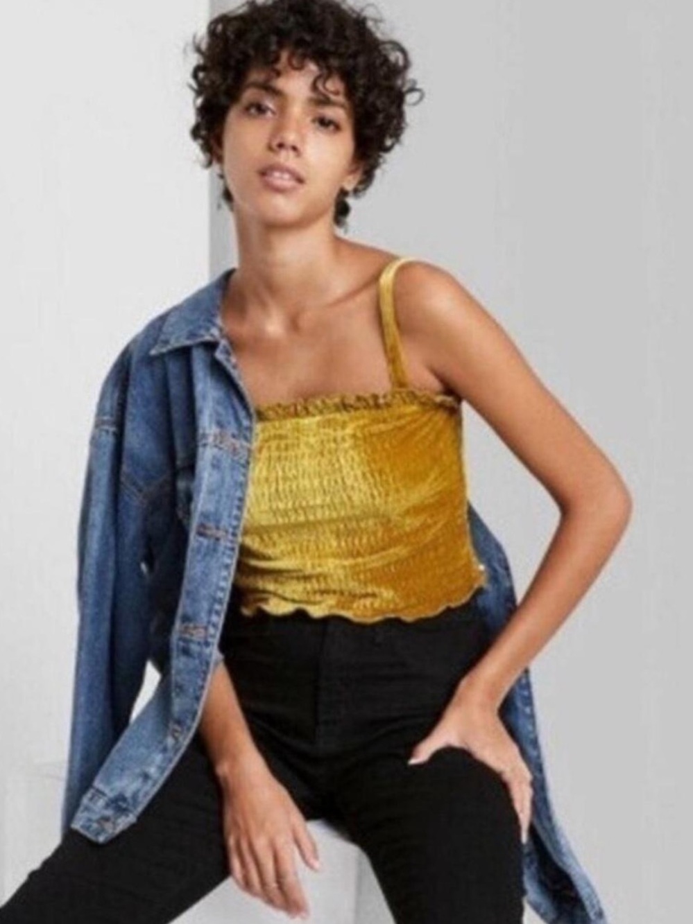 wild fable Smocked Velvet Cami Top in Mustard